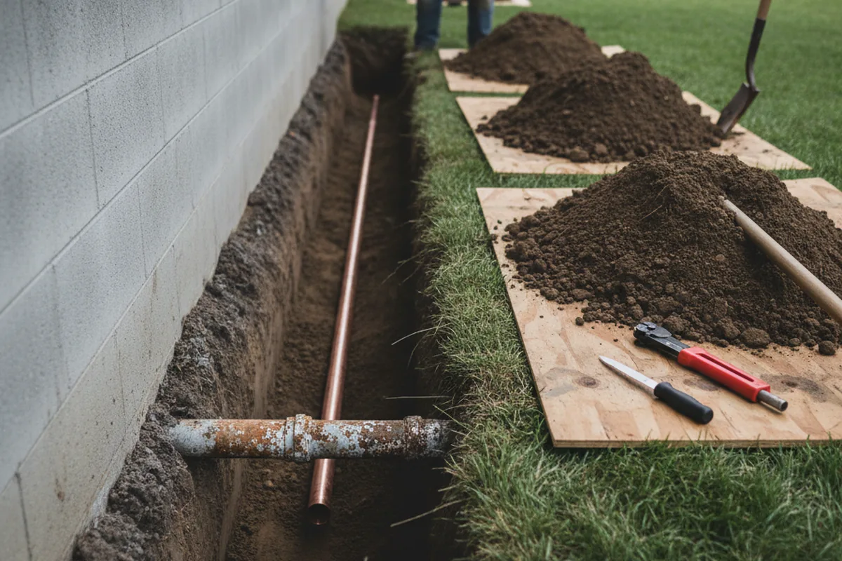 Excavated water line trench during Water Heater Repair in Raymond
